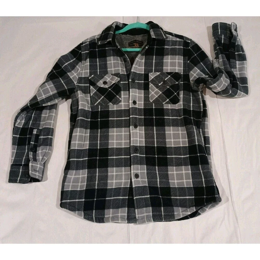 Freedom Foundry Men’s Fleece Lined Flannel Plaid Shirt Jacket Gray Blk S/P